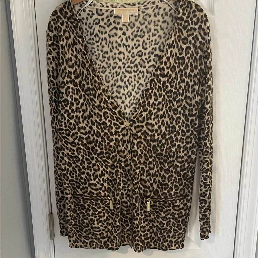 MICHAEL KORS ANIMAL PRINT LONG SLEEVE LONG CARDIGAN WITH LOGO ZIPS & BUTTONS M